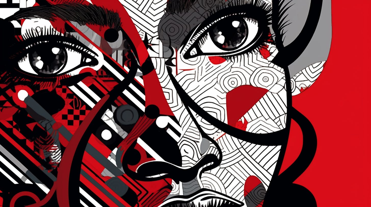 Abstract red, black, and white face artwork with bold patterns, symbolizing creativity and strong brand recognition.