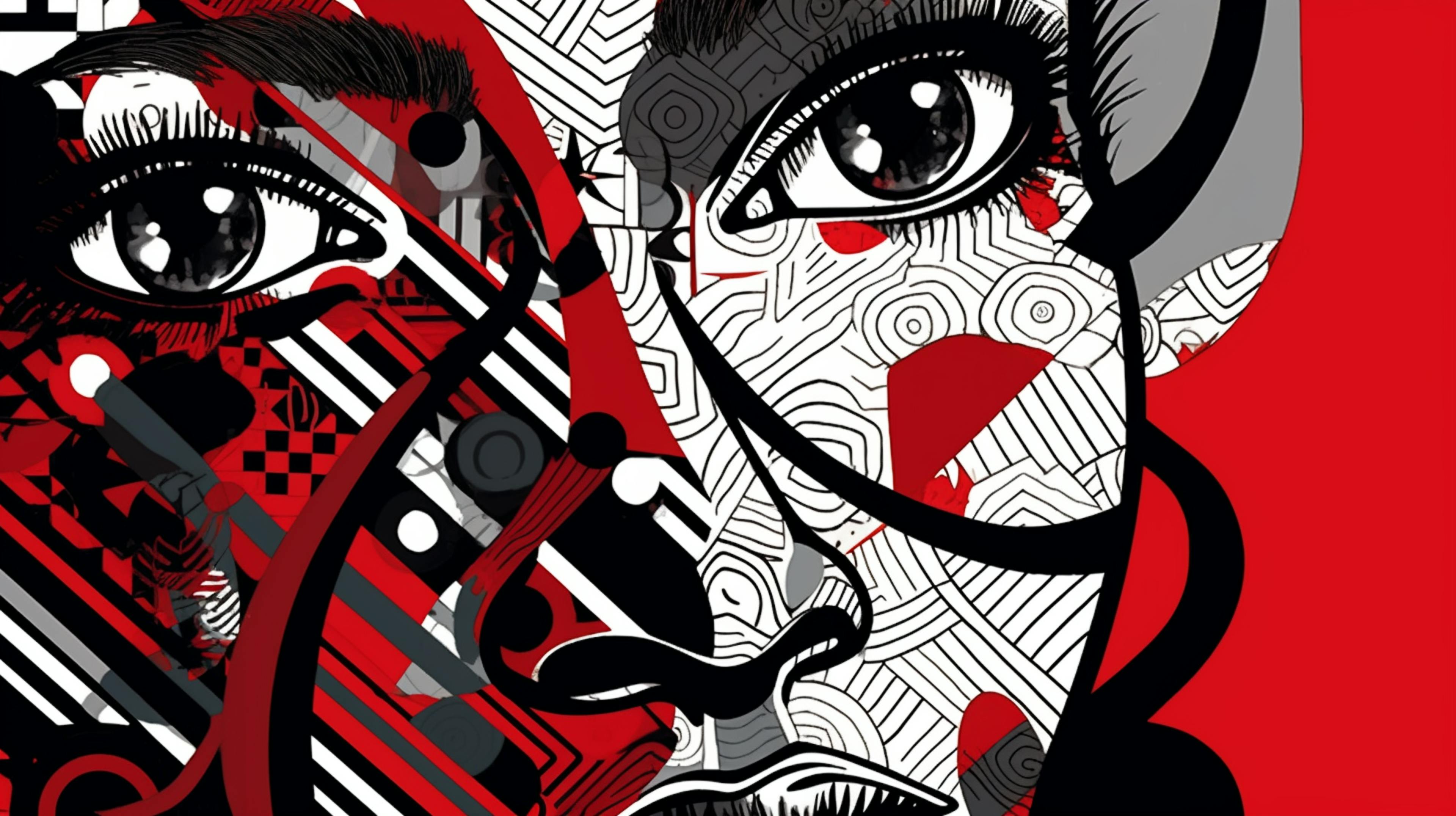 Abstract red, black, and white face artwork with bold patterns, symbolizing creativity and strong brand recognition.