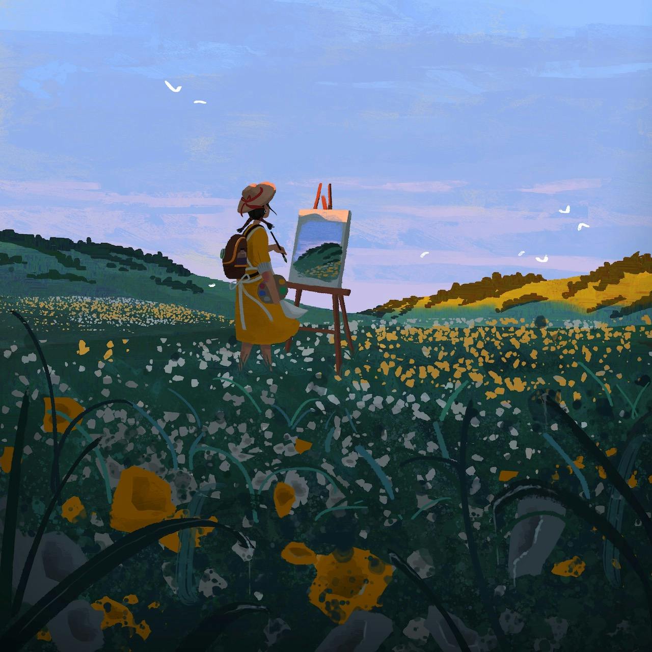 A woman painting in a field