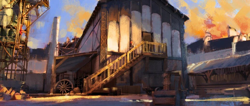 A painting of a factory in the 1800s