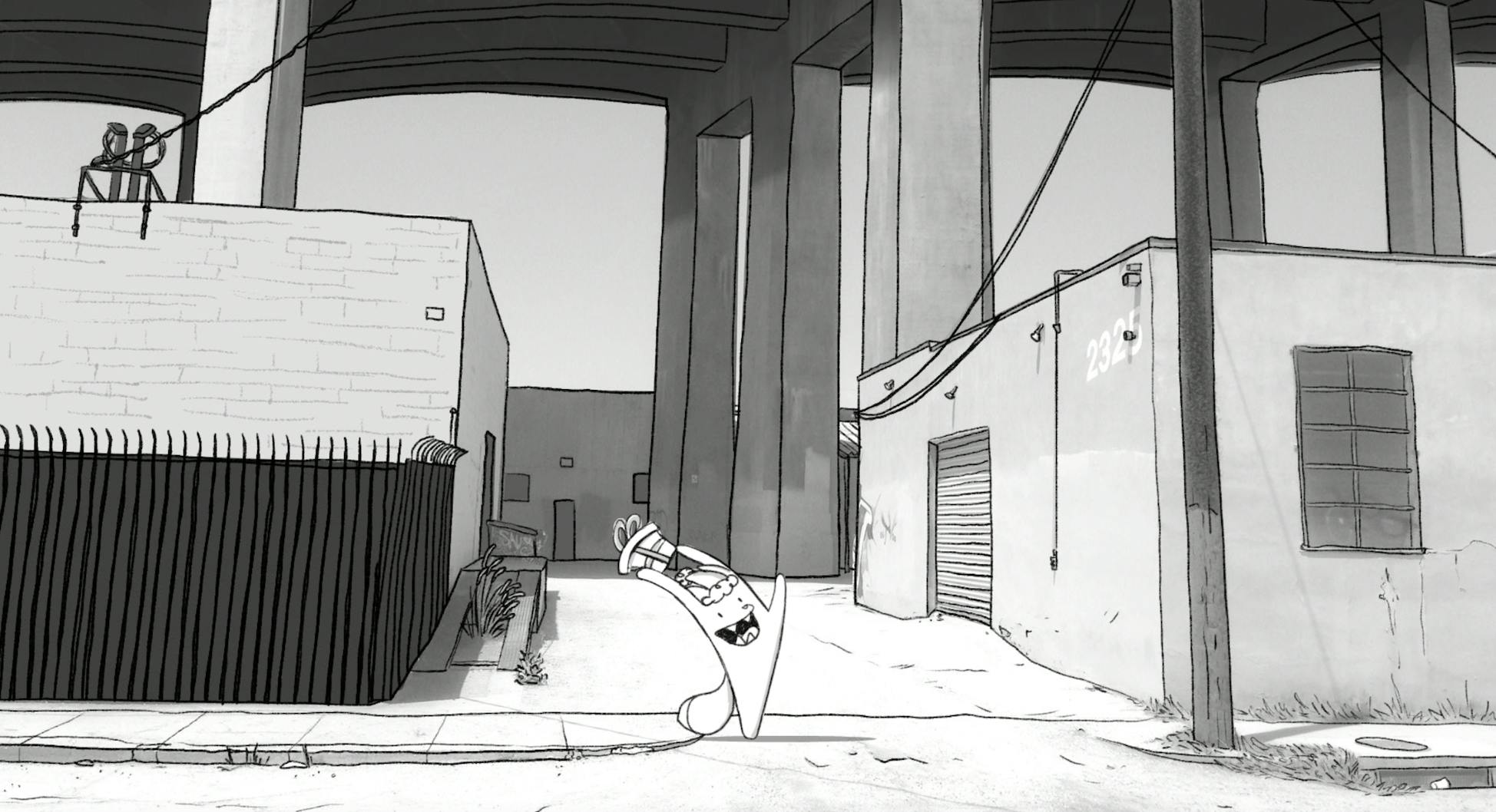 Cartoon character dancing in an industrial district