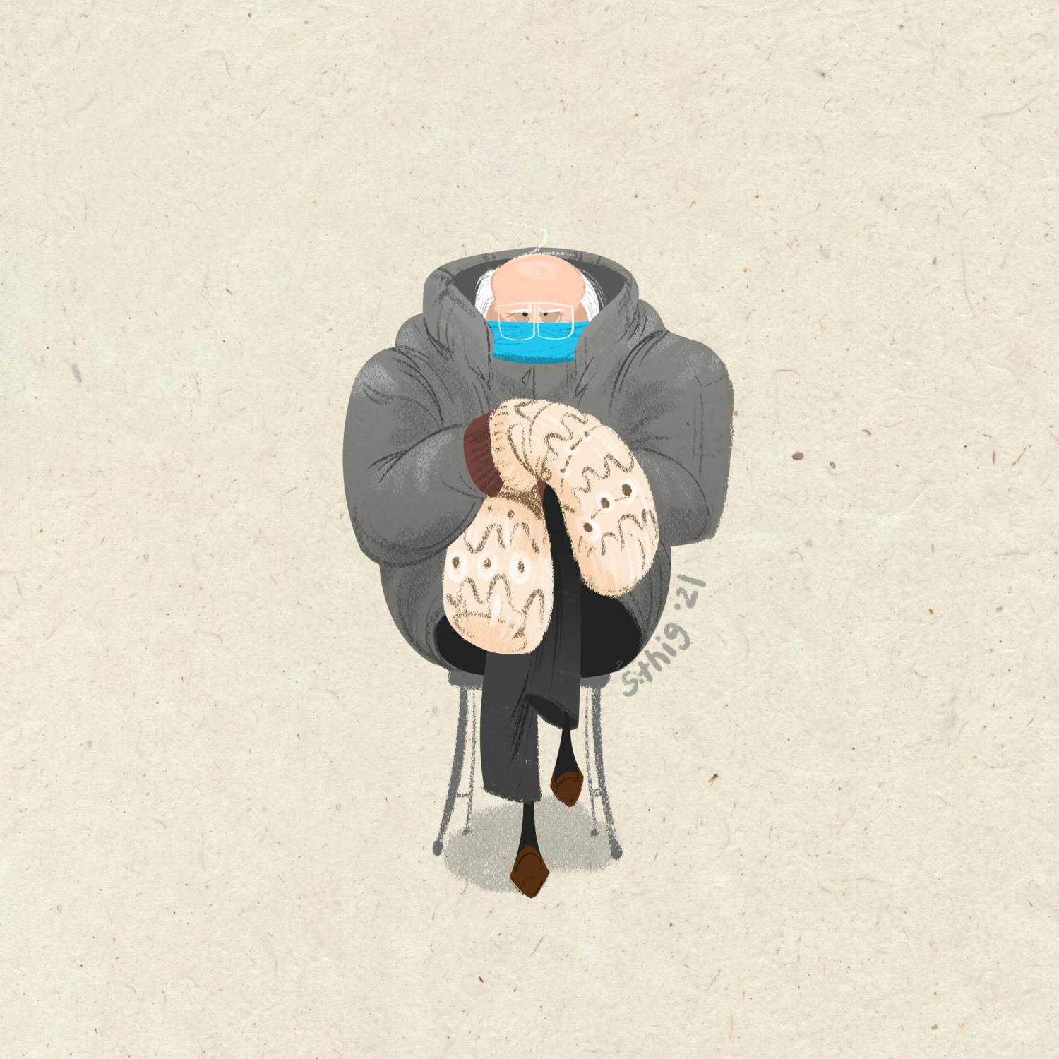 An illustration of Bernie Sanders sitting with his enormous mittens