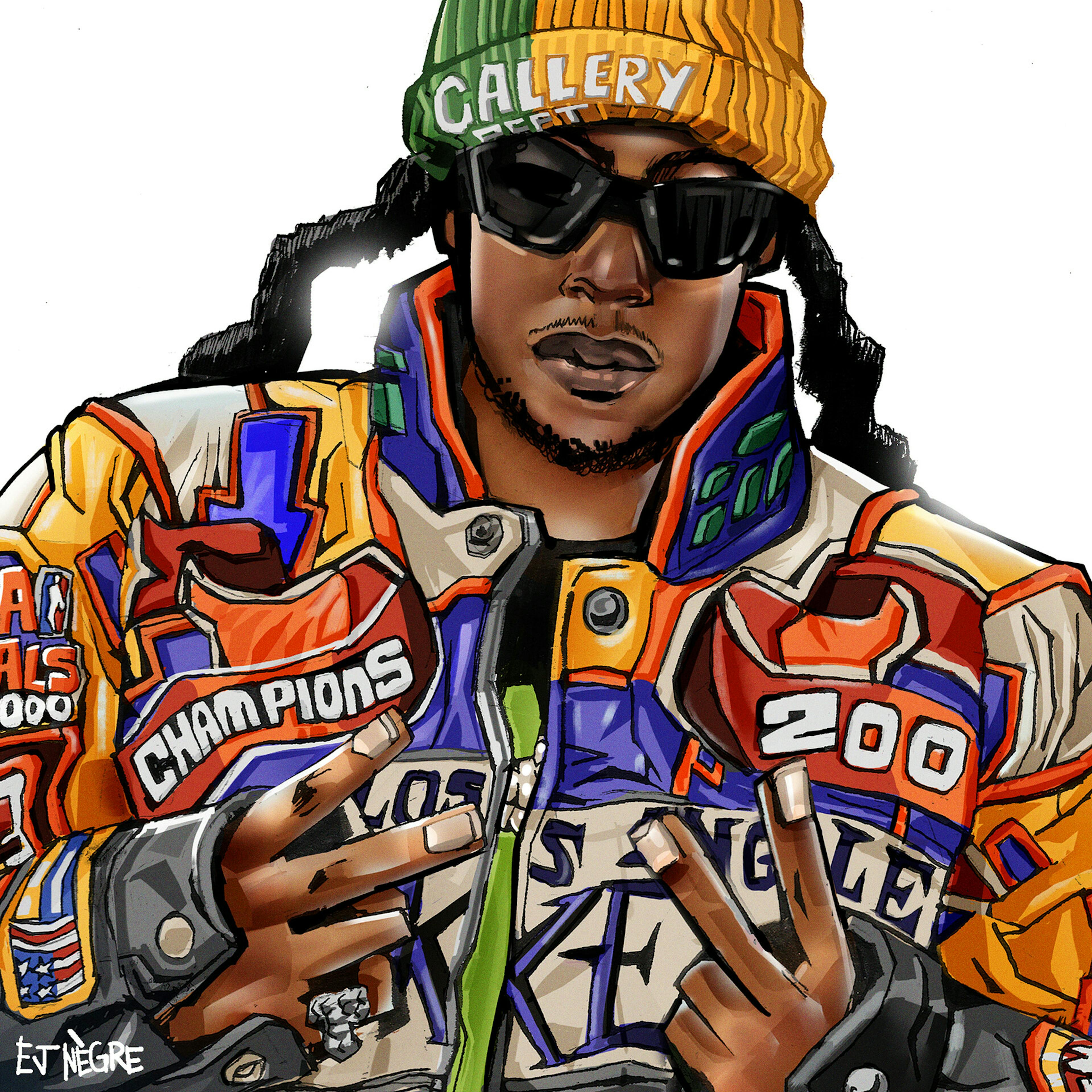 Illustration of a man in a busy leather jacket