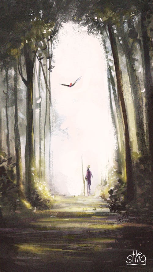 An illustration of a traveler walking through a forest path