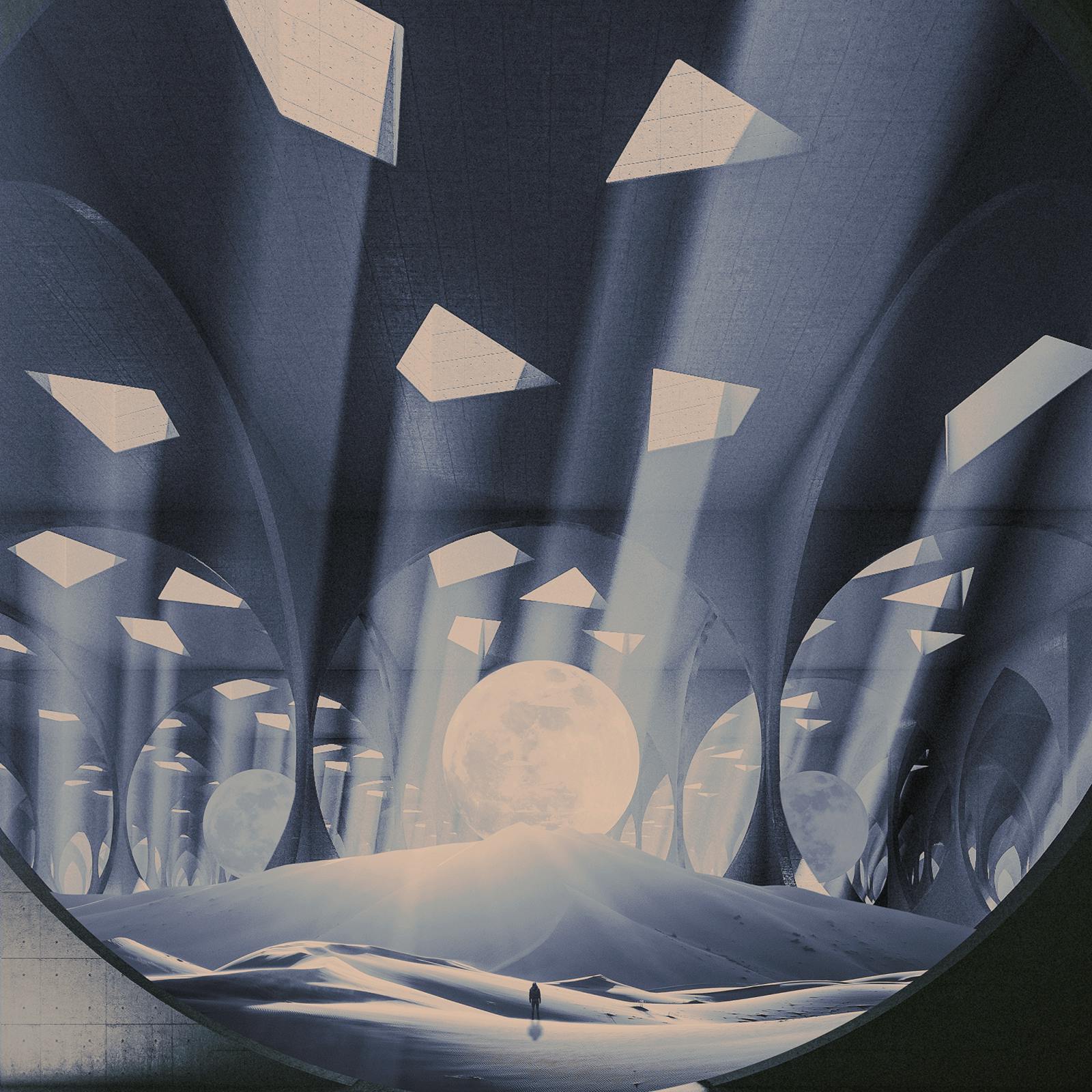 A collage of a 3D space containing the moon