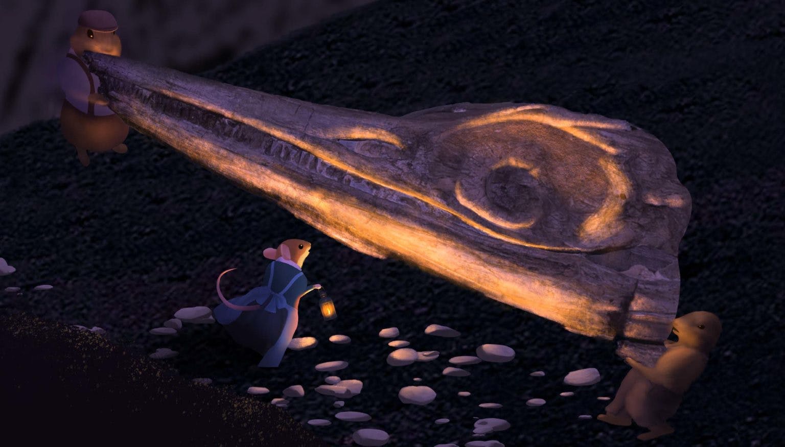 A mouse looking at a giant skull