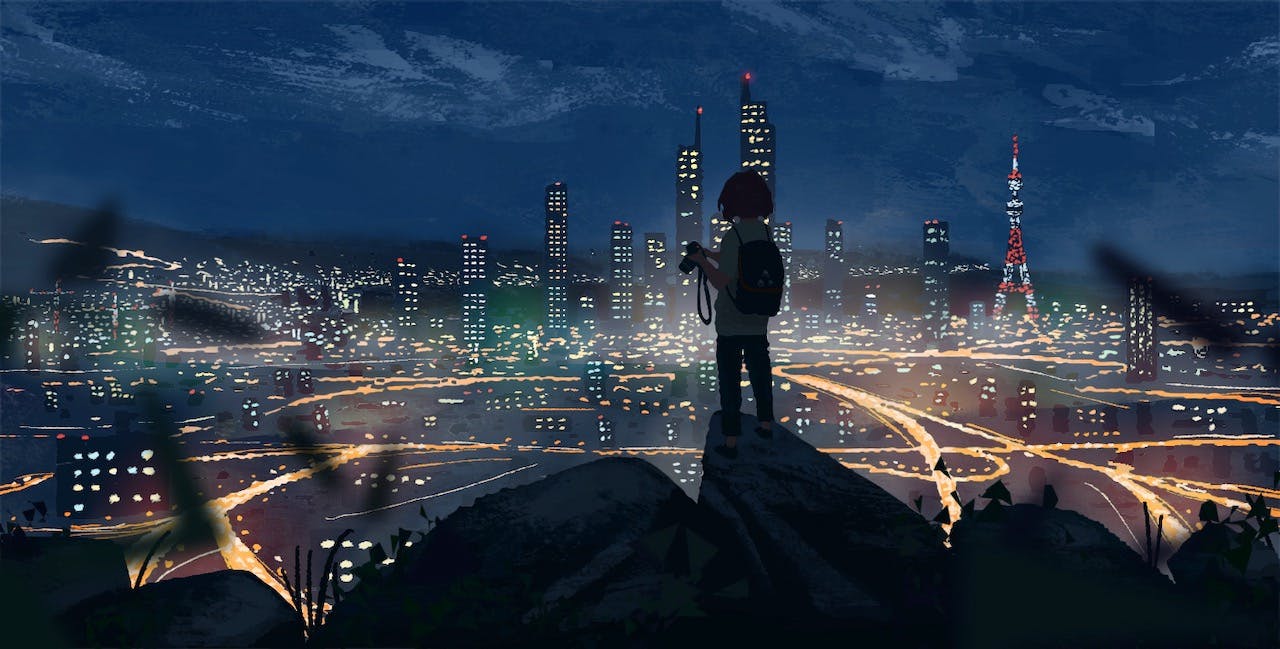 A person looking out over a city