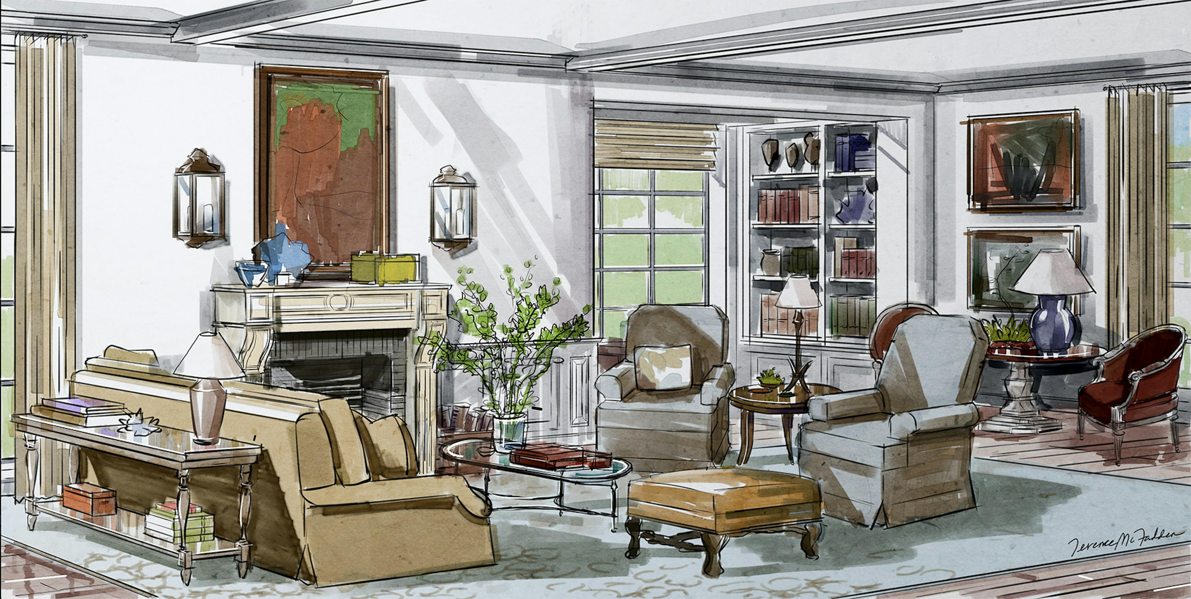 Concept sketch of a living room