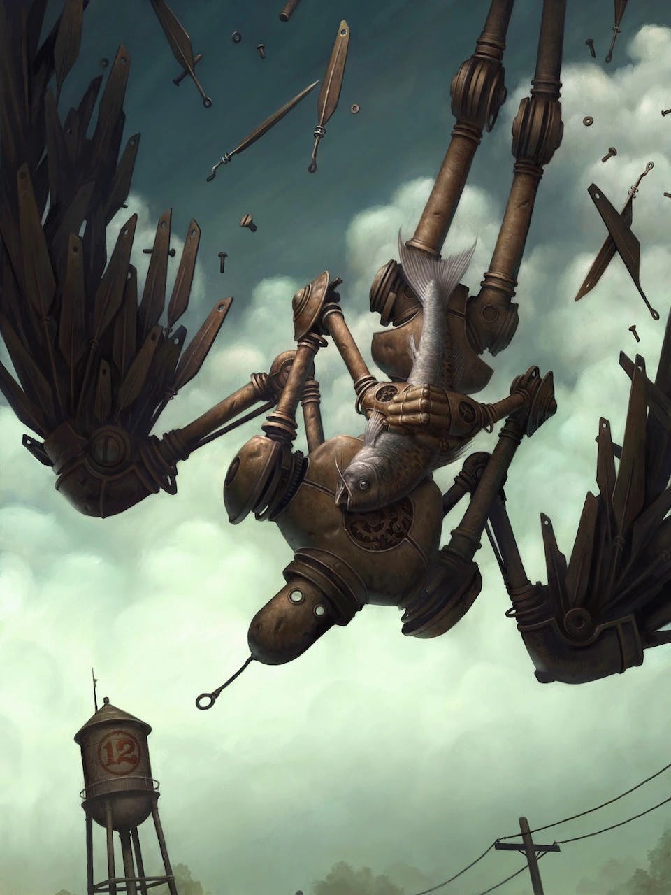 An illustration of a bot flying while holding a fish