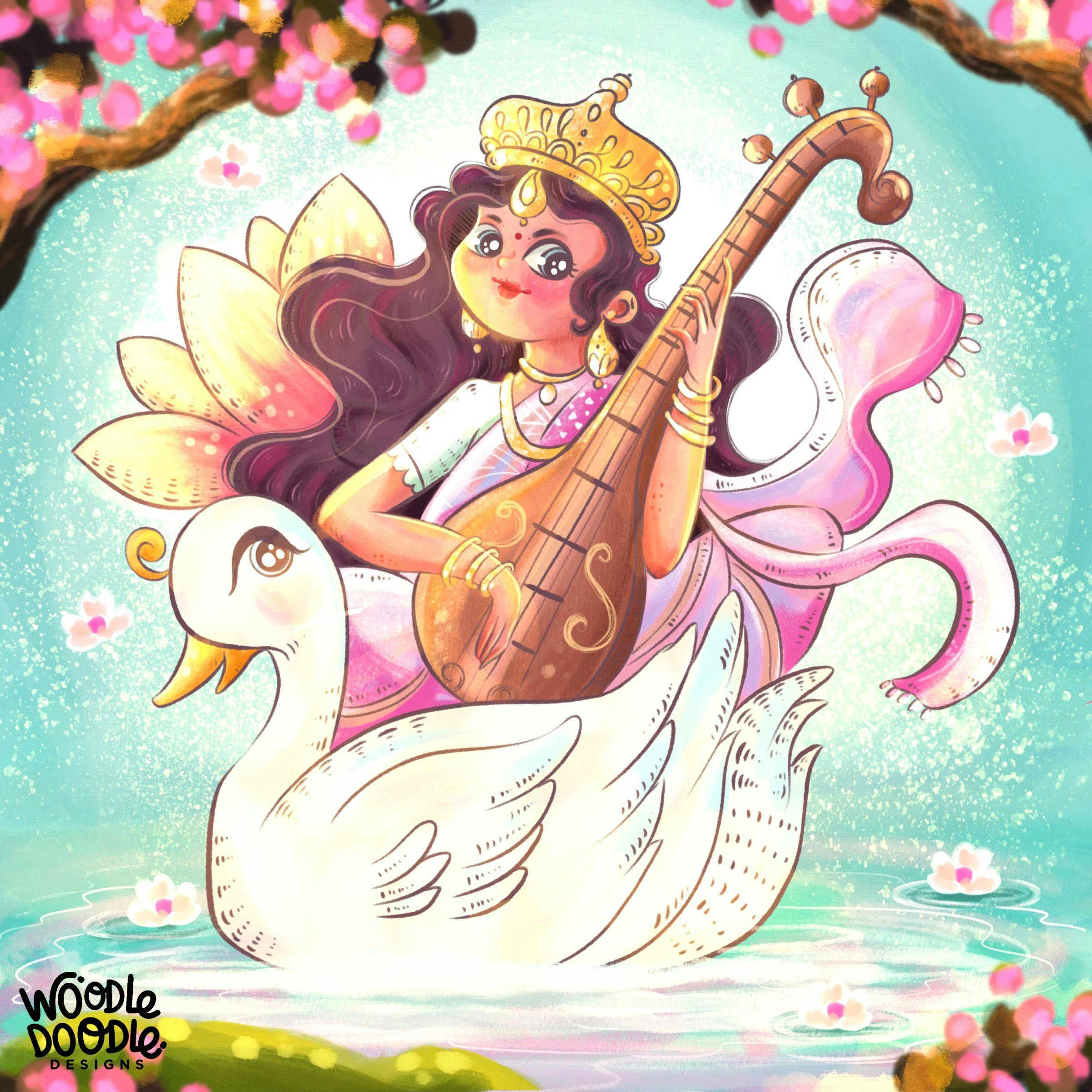 A woman playing sitar on a swan