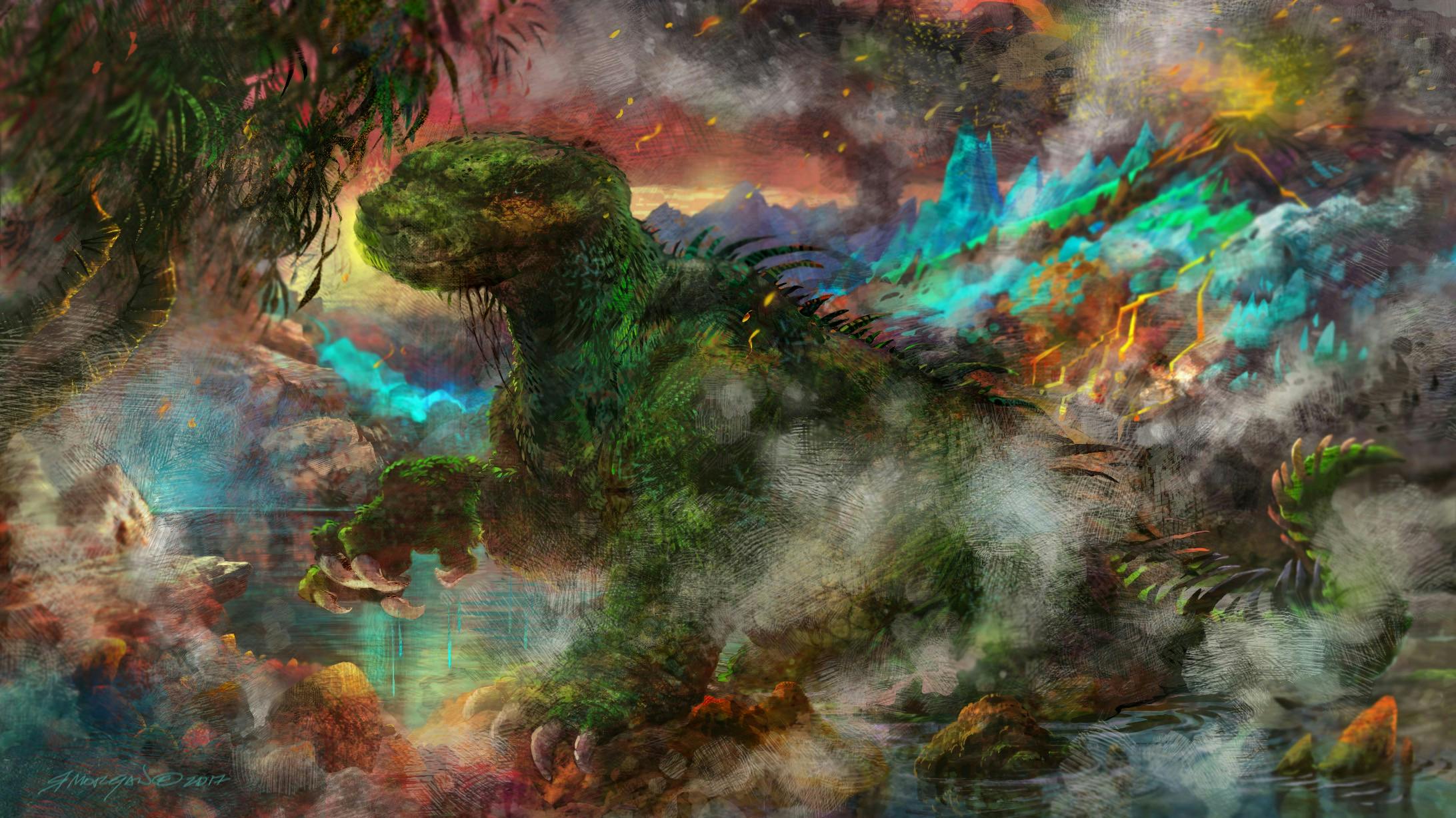 Godzilla walking in water