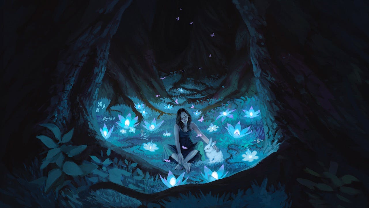 A woman in a glowing forest