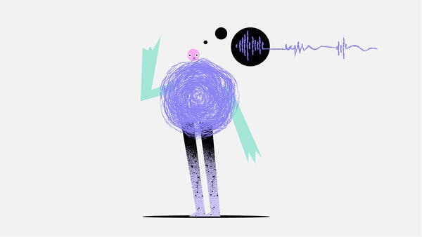 Abstract illustration of a figure with a purple scribble body and sound wave graphic, symbolizing communication and the difference between iconography and iconology in modern visual art.