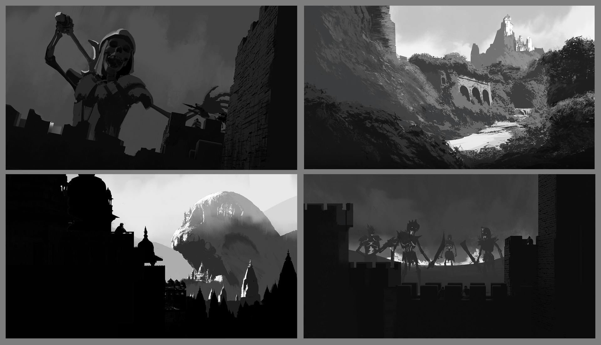 Concept art of a sequence of images depicting giant skeletons attacking an ancient city