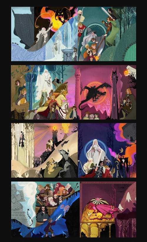 A collage of illustrations of fantasy book covers.