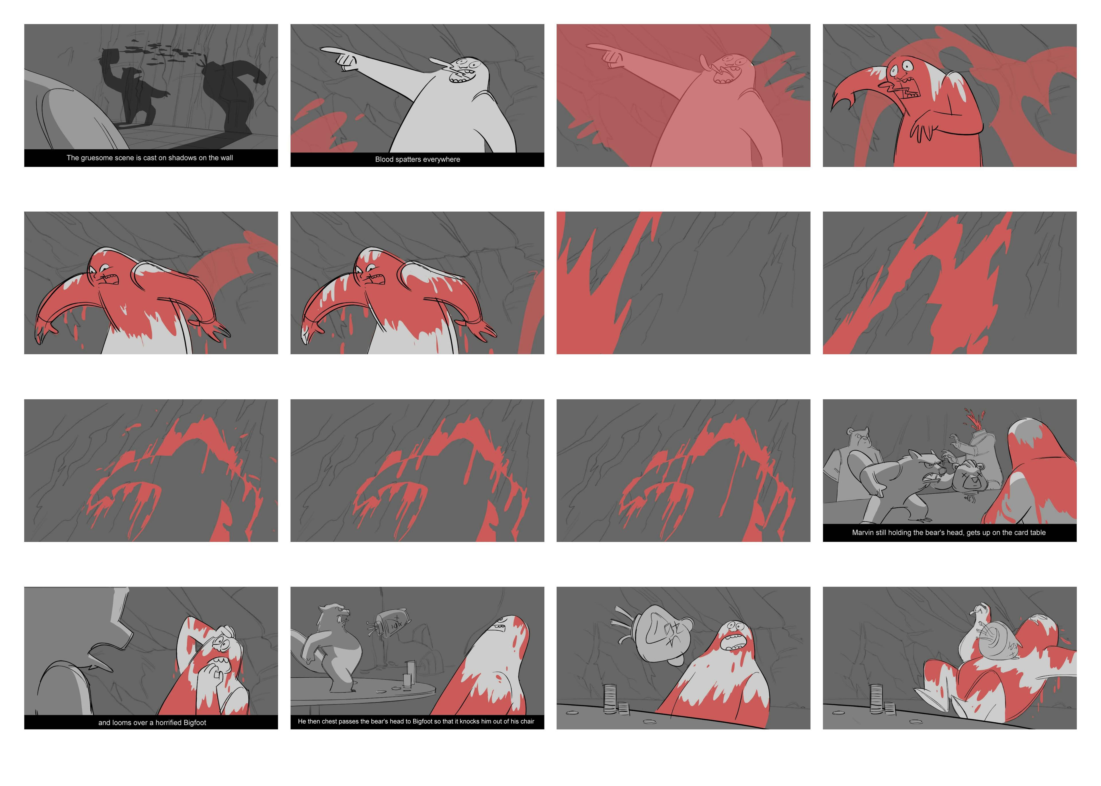 Storyboards of a creature covered in paint