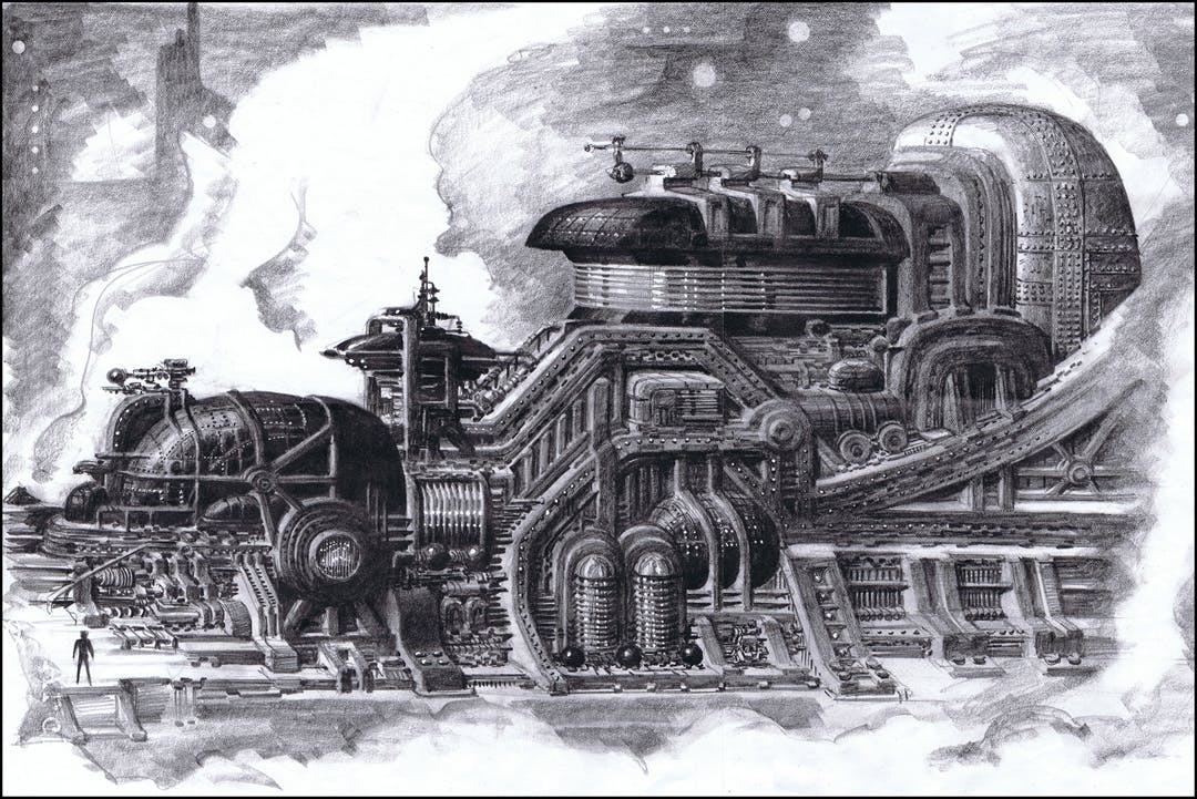 Detailed black-and-white drawing of a massive futuristic machine with gears and pipes, symbolizing complexity and innovation often highlighted in infographic timelines for industries and technology.