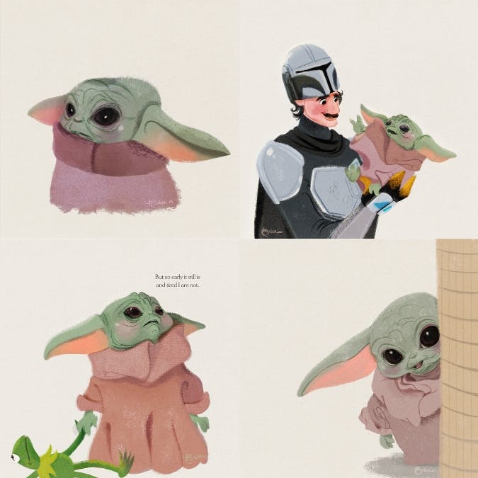 Sketches of Grogu and the Mandalorian