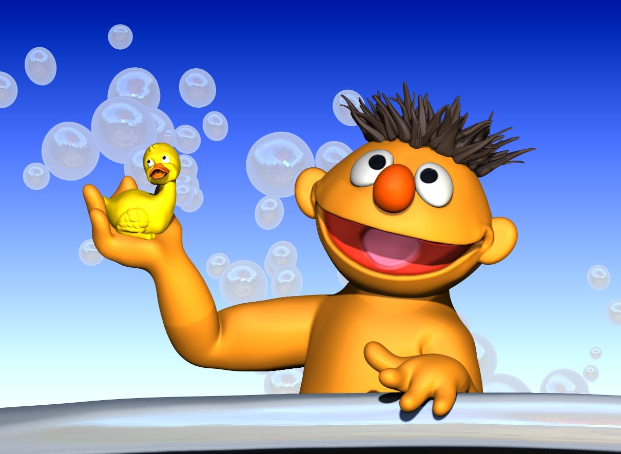 Ernie in the bathtub with his rubber ducky