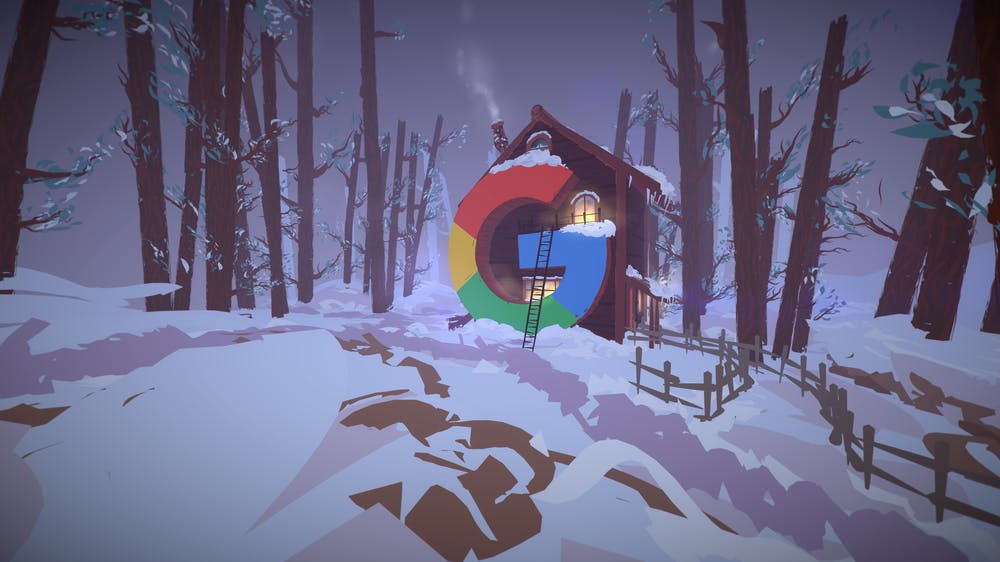 3D render of the Google G logo against a cabin in winter