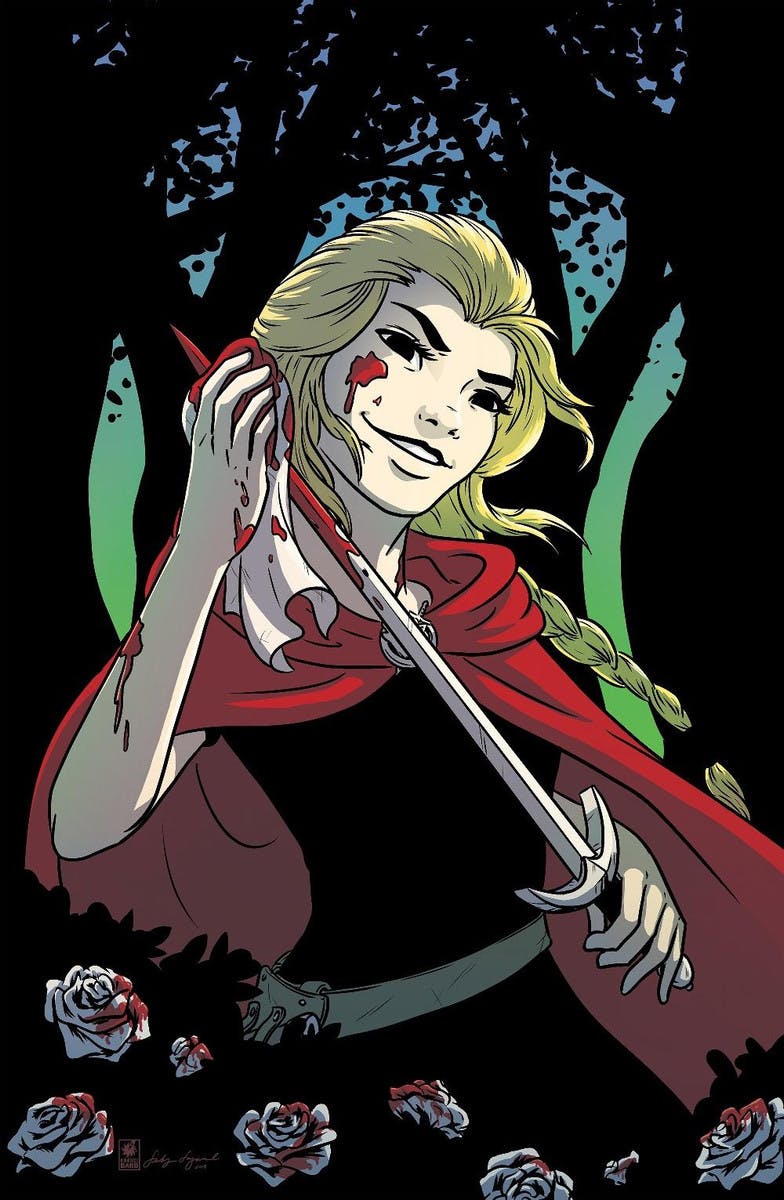 An illustration of a red caped woman with a bloody sword