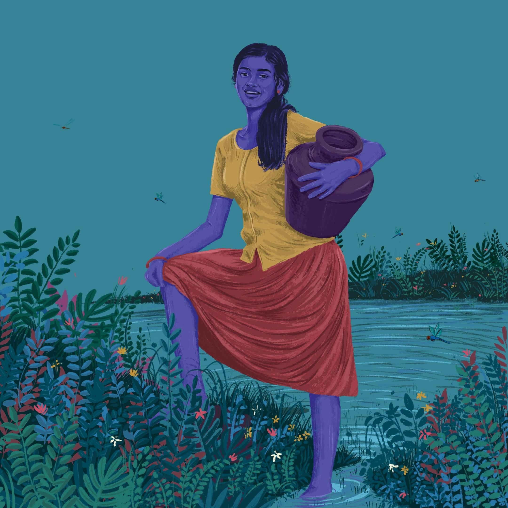 A woman with a jug standing in the water