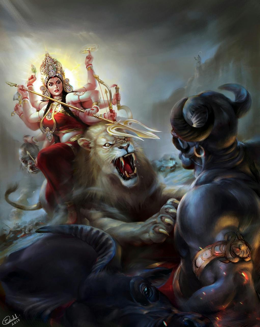 A goddess attacking a demon