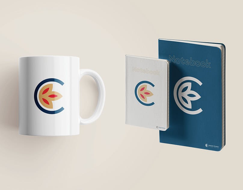C logo applied to mug and notebooks