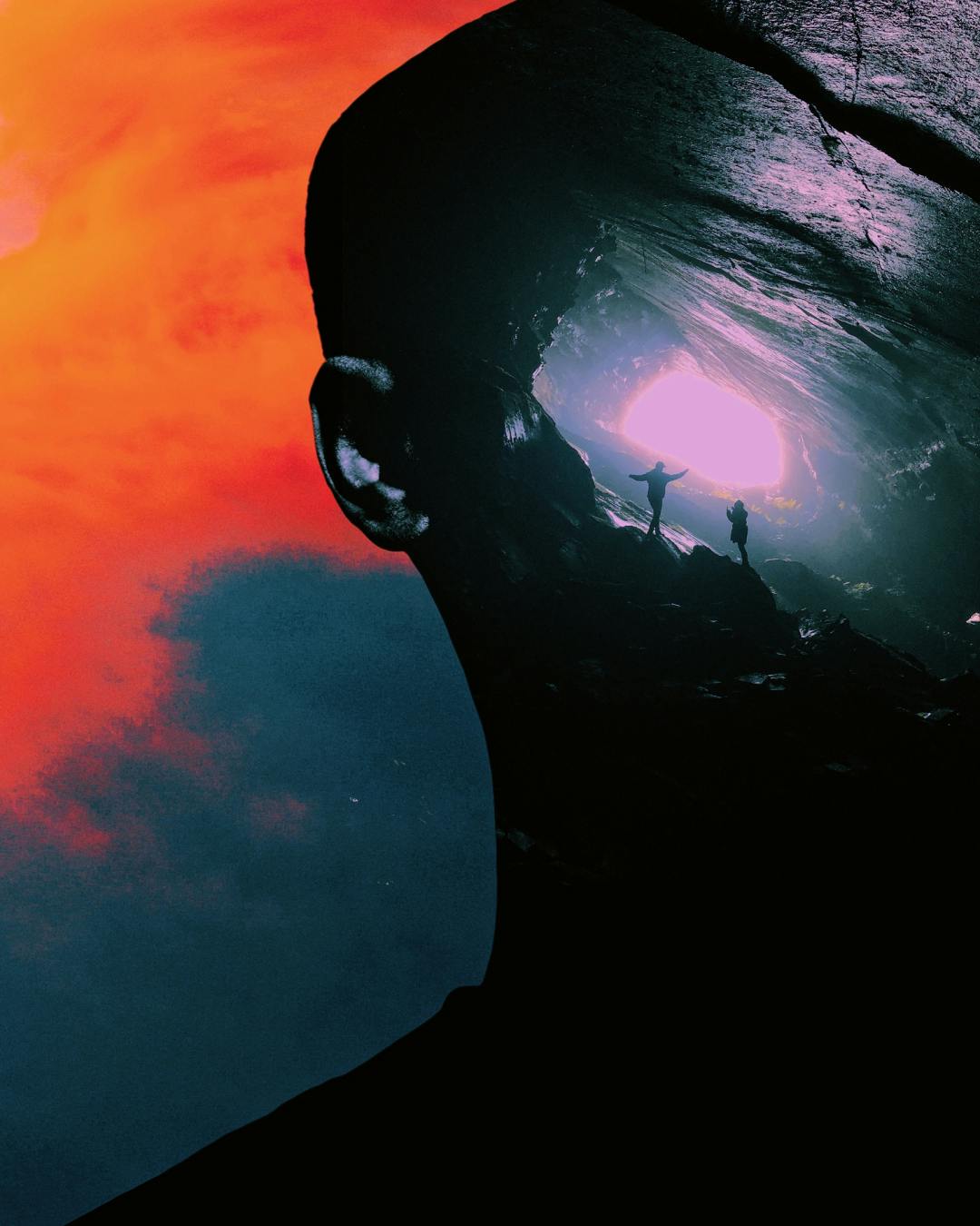 A collage of a head with a cave inside