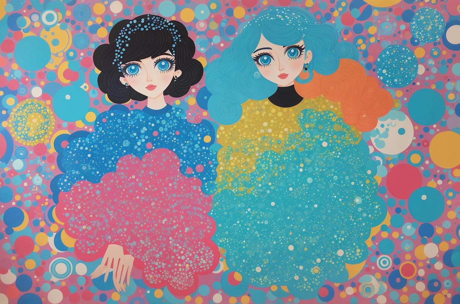 image of a pair of women drawn in a 2d style with lots of bright colors and puffy, cloud-like dresses.