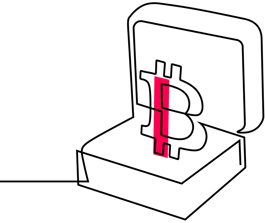 An illustration of a jewelry box containing a bitcoin using a single contiguous line