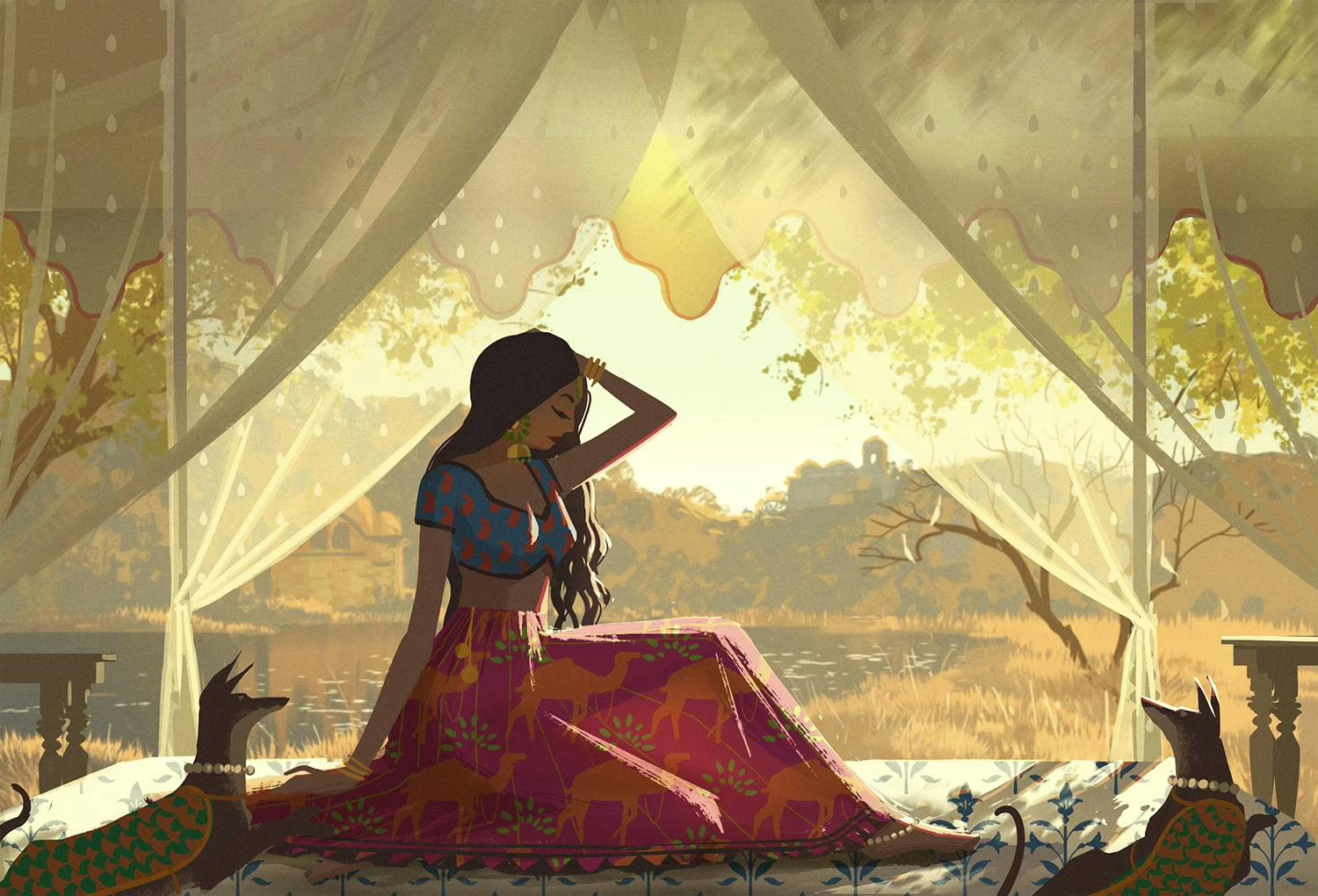 A woman waking up in a tent