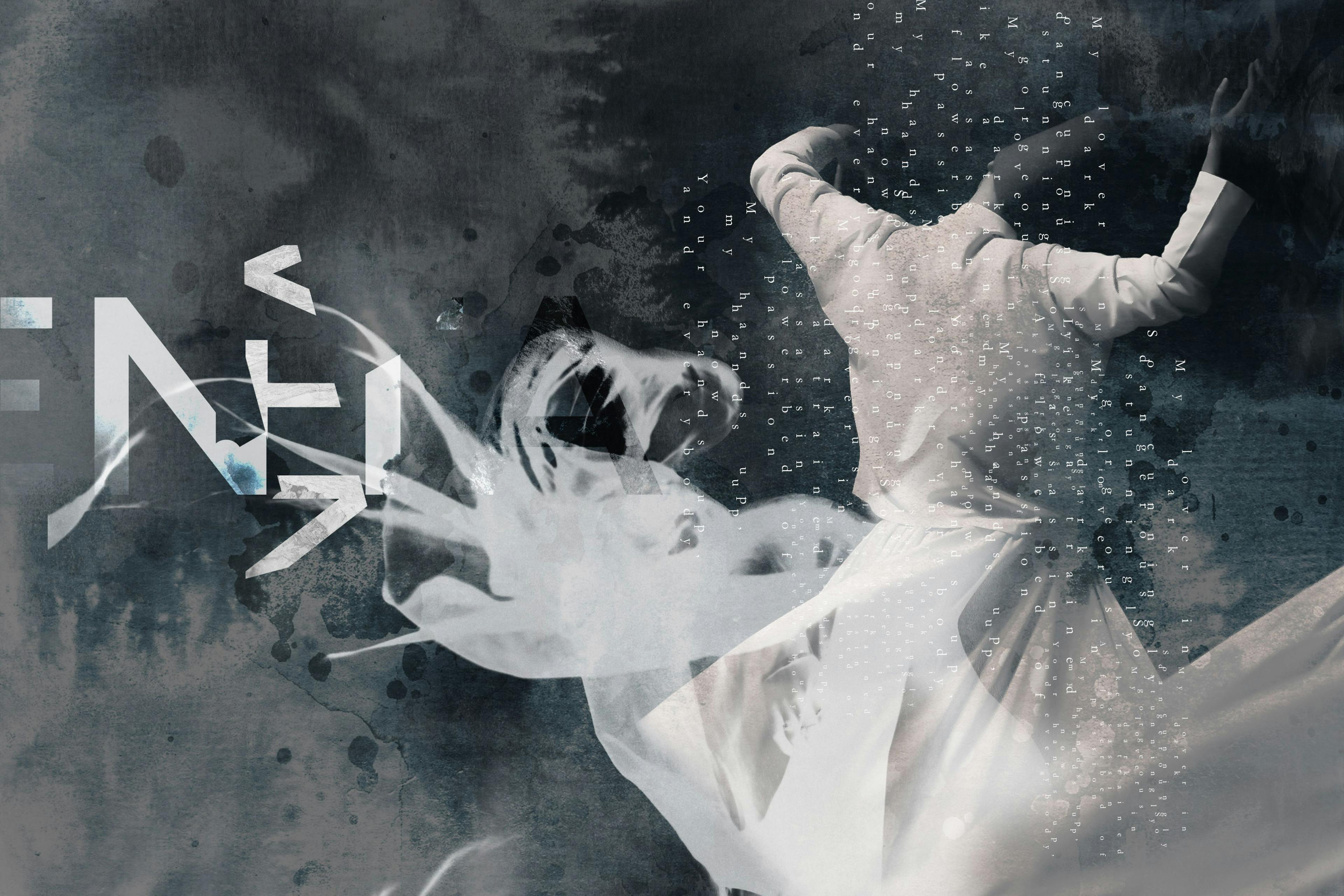 Collage of dancer, watercolor, and text