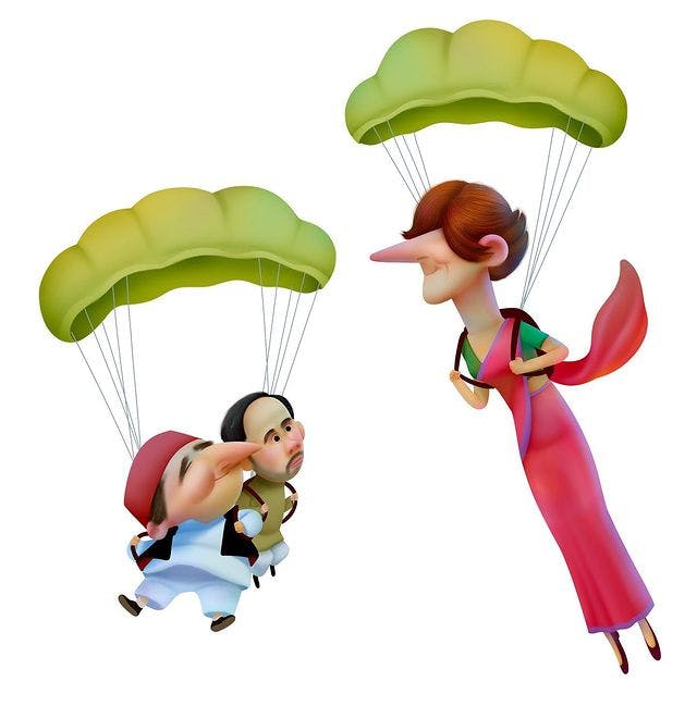 Three people parachuting