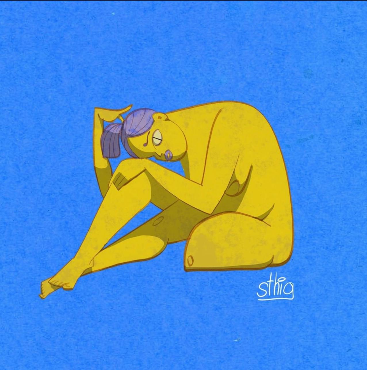 Character of yellow woman on blue background