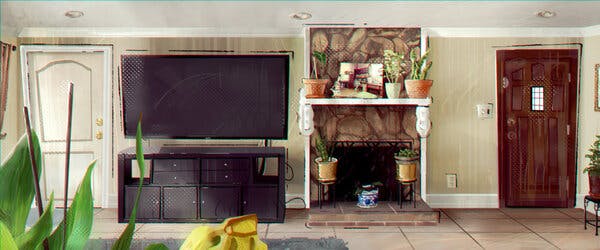 illustration of a room with an entertainment system and a fireplace, done in a realistic digital paint look