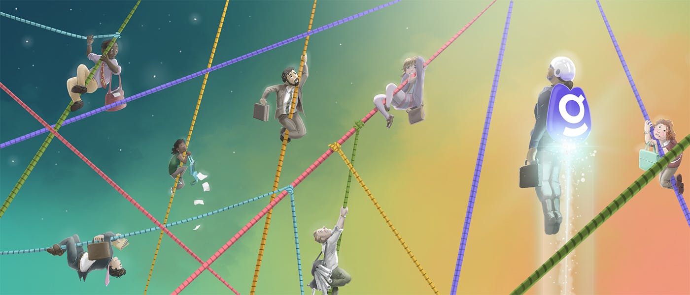 Business people climbing ropes while a Glean user in a jetpack zooms past.