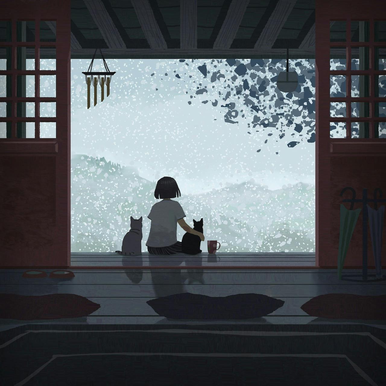 A girl and two cats looking at snow