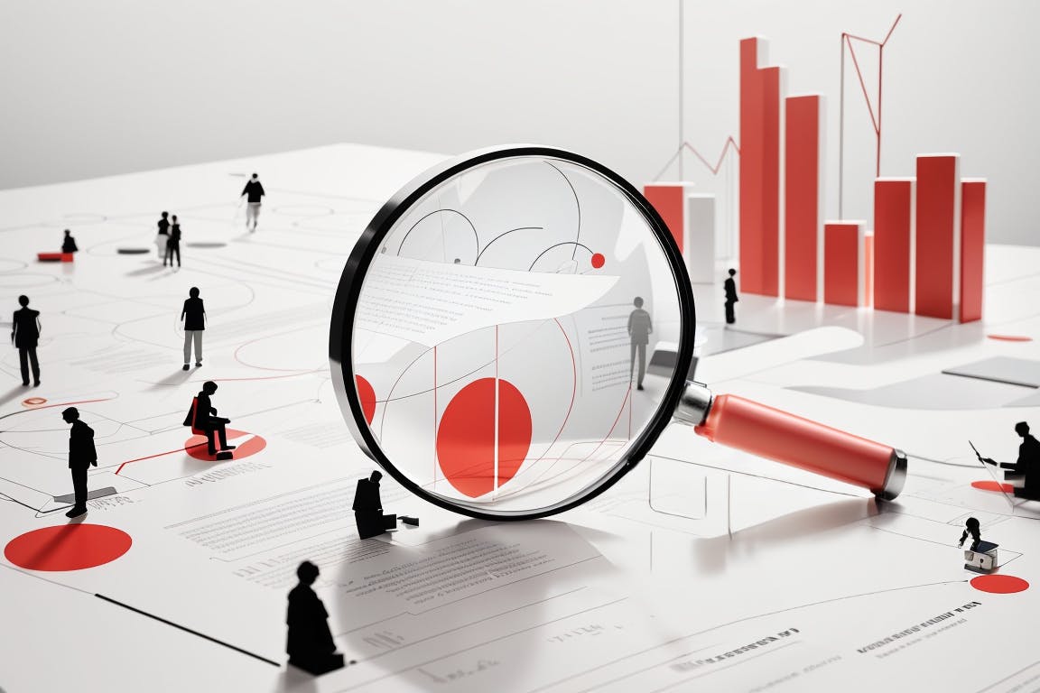 image of charts and graphs with people examining them with a large magnifying glass, mostly white, black and red