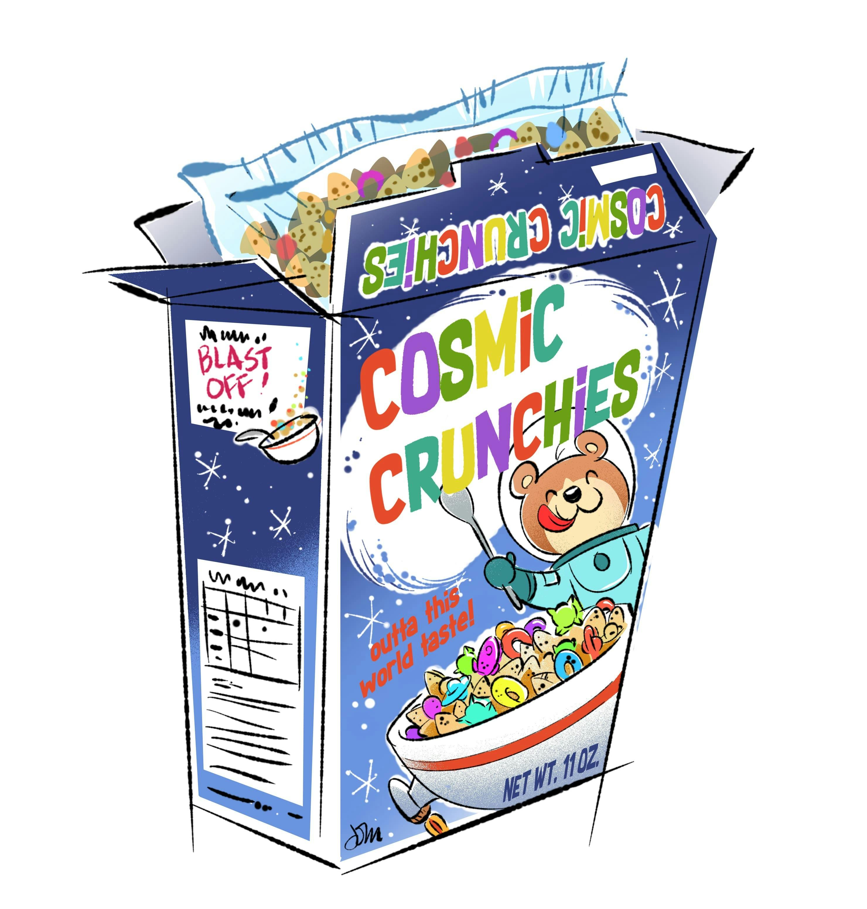 A box of Cosmic Crunchies ceral