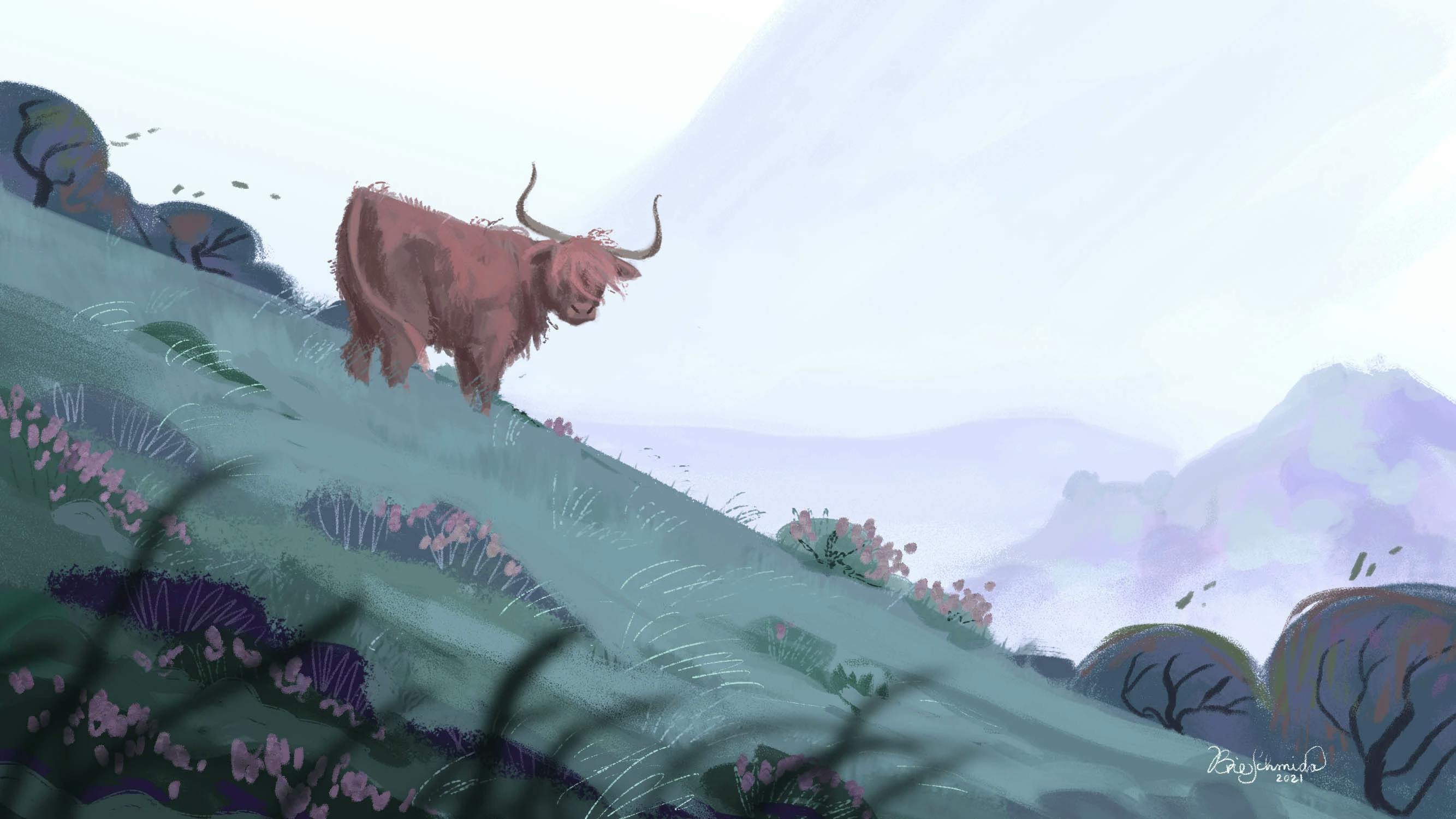 An illustration of a hairy cow on a hillside