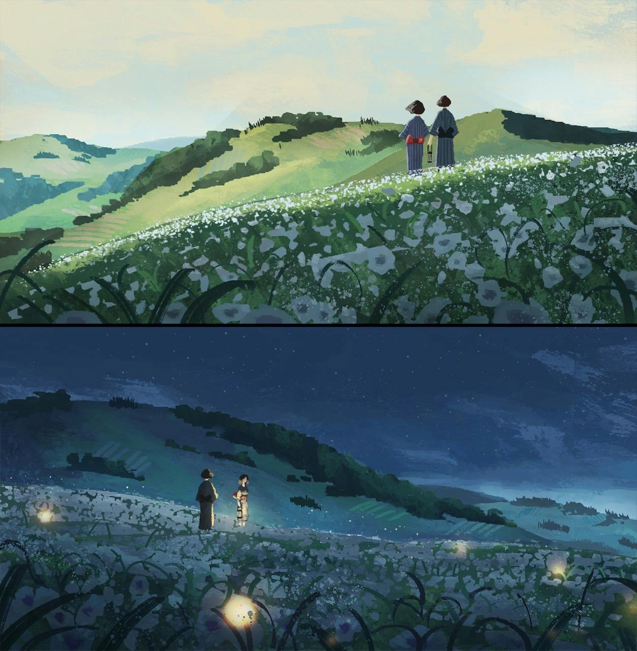 Two people in a field at day and night