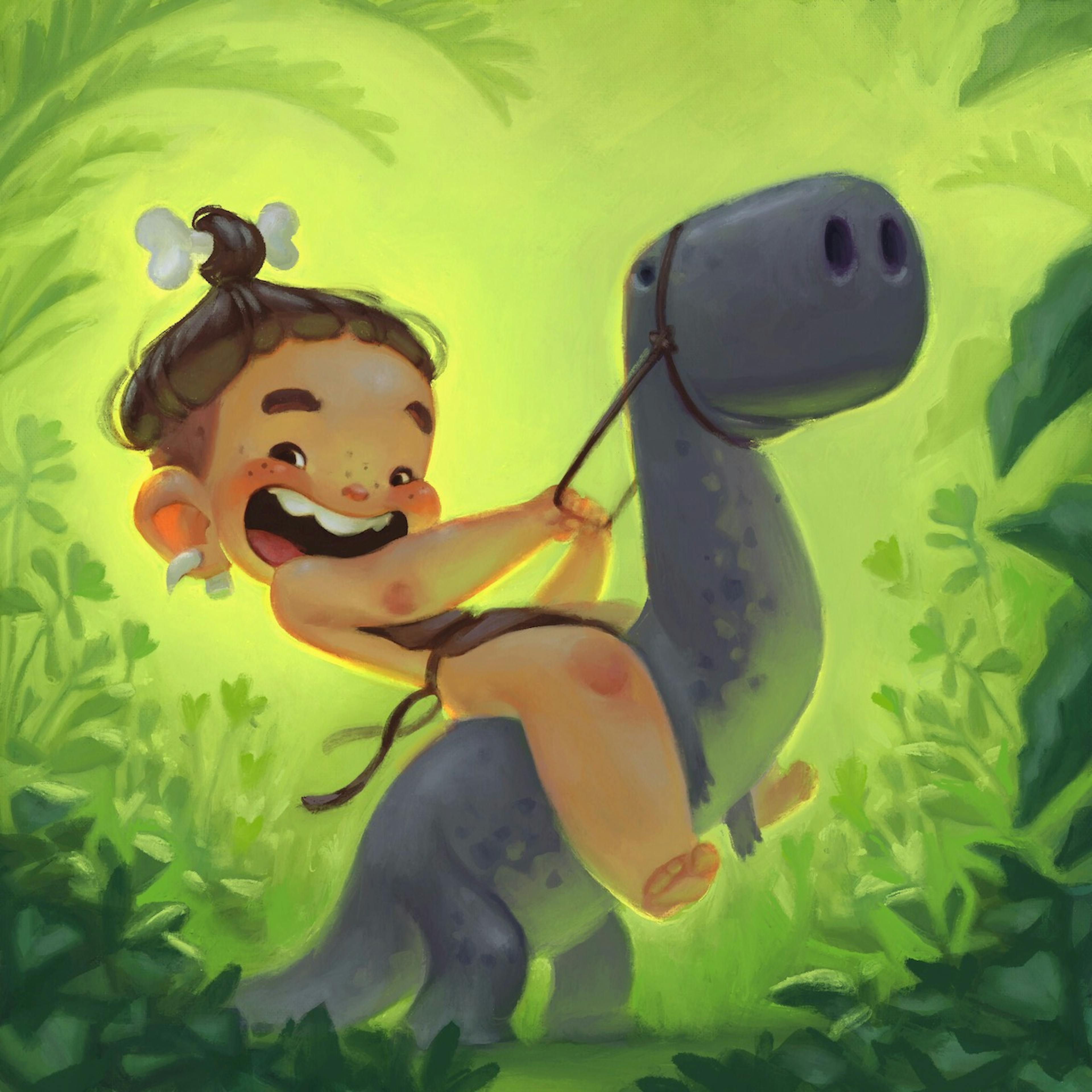 A boy riding a dinosaur