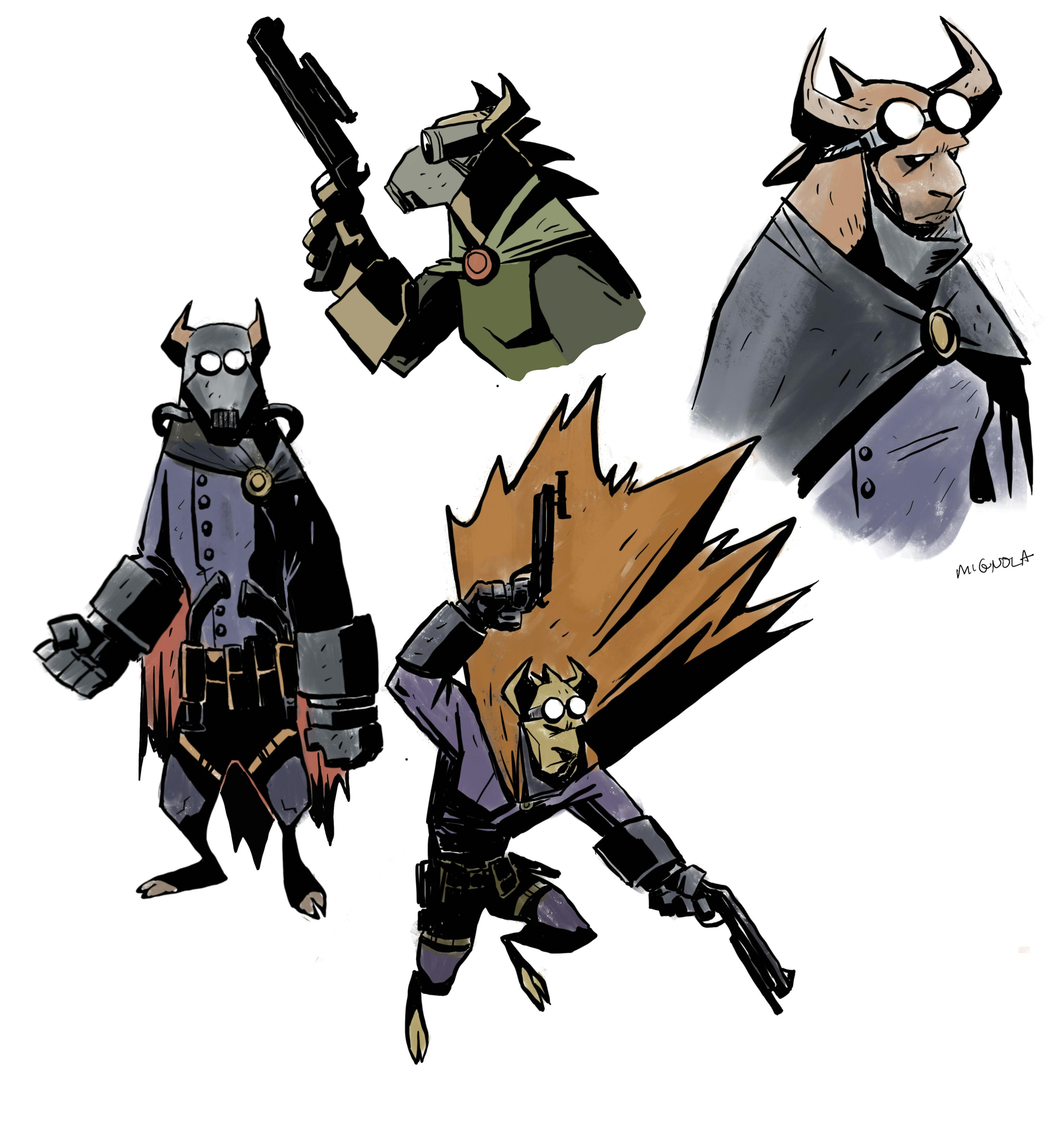 Concept art of Mike Mignola characters