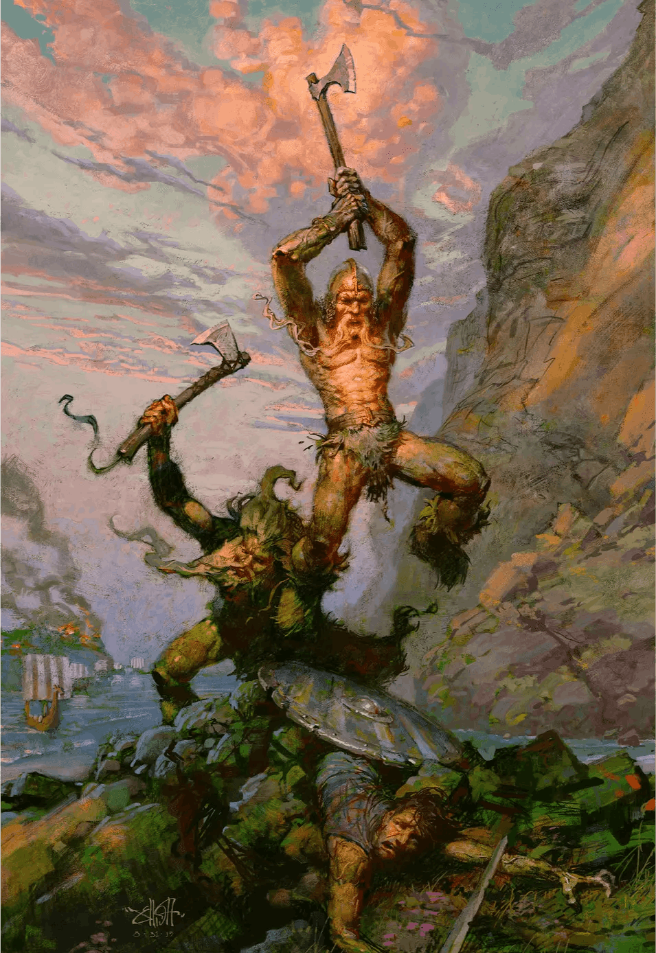 An illustration of a barbarian weilding an axe