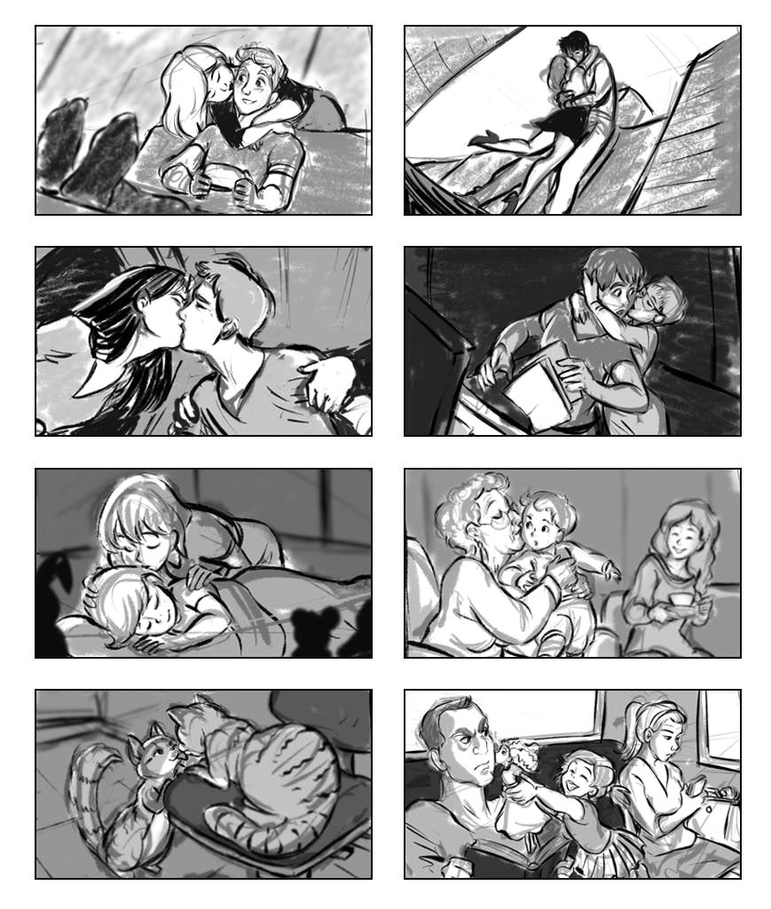 Storyboards of a kissing scene