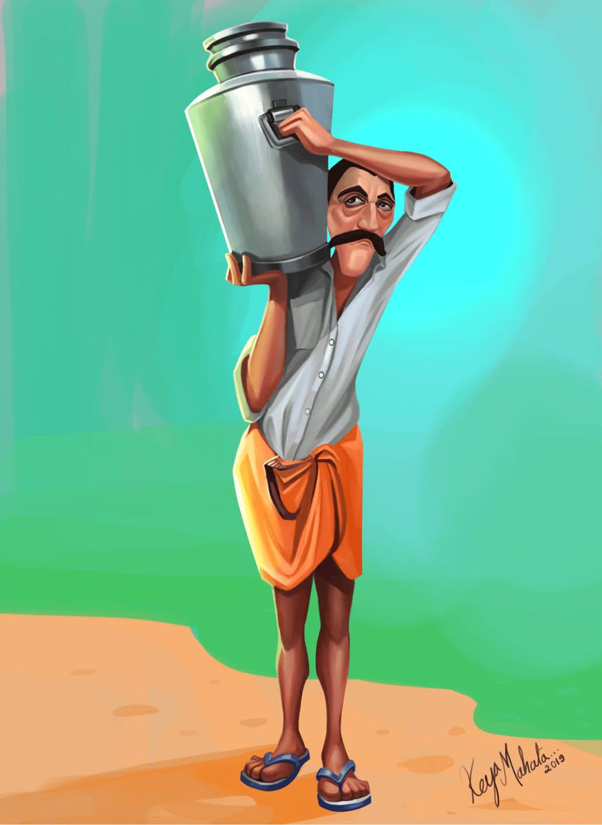 An illustration of a man carrying a milk jug
