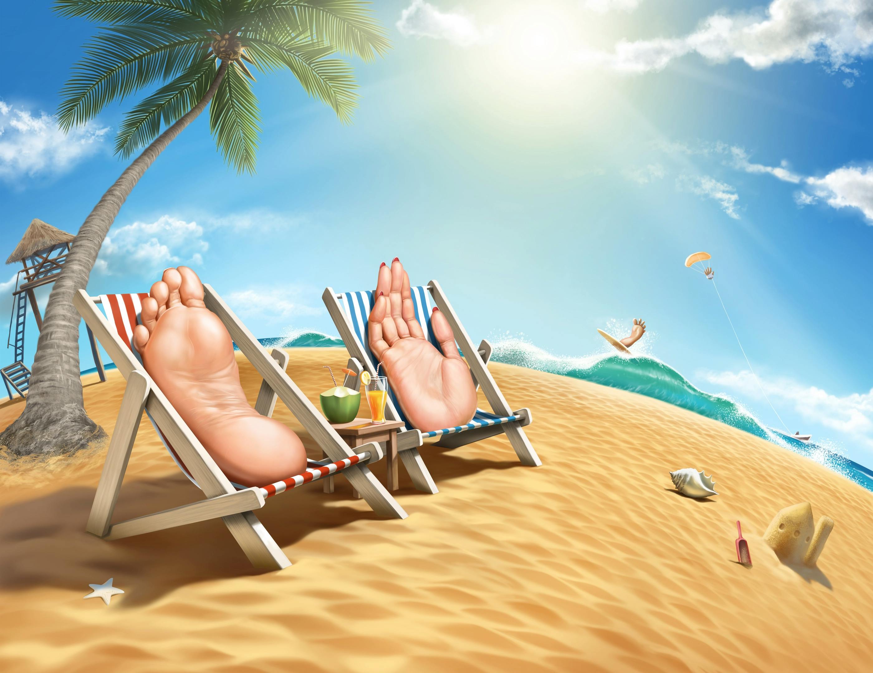 An illustration of a foot and a hand sunbathing