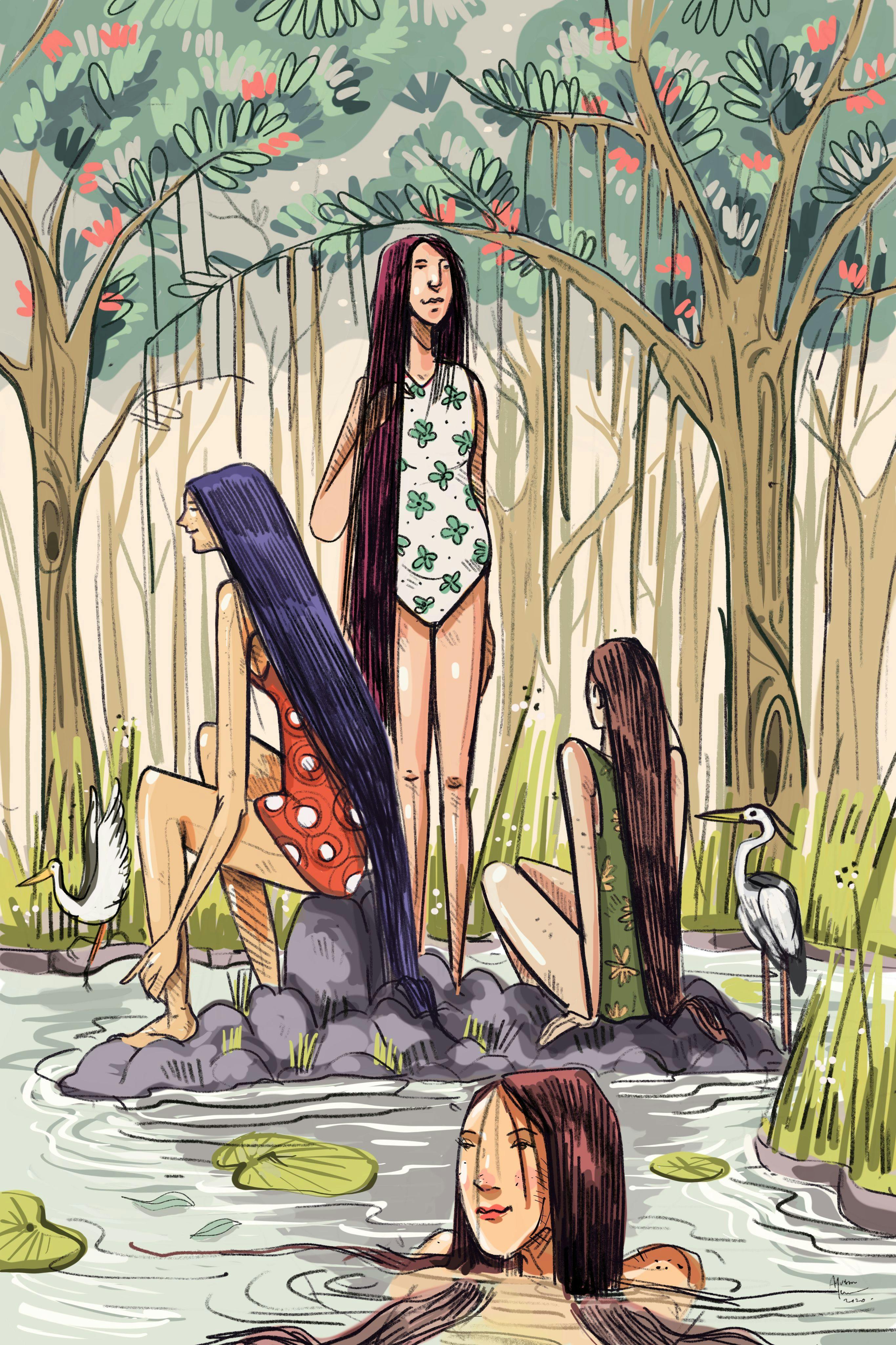 Women bathing in the forest