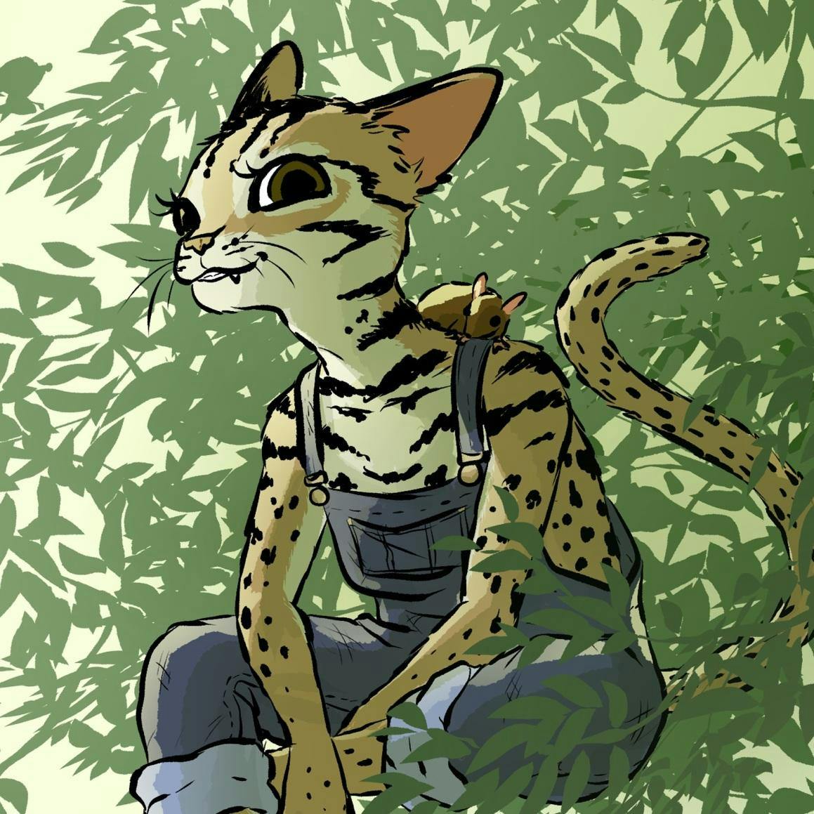 An illustration of a personified cat person in overalls